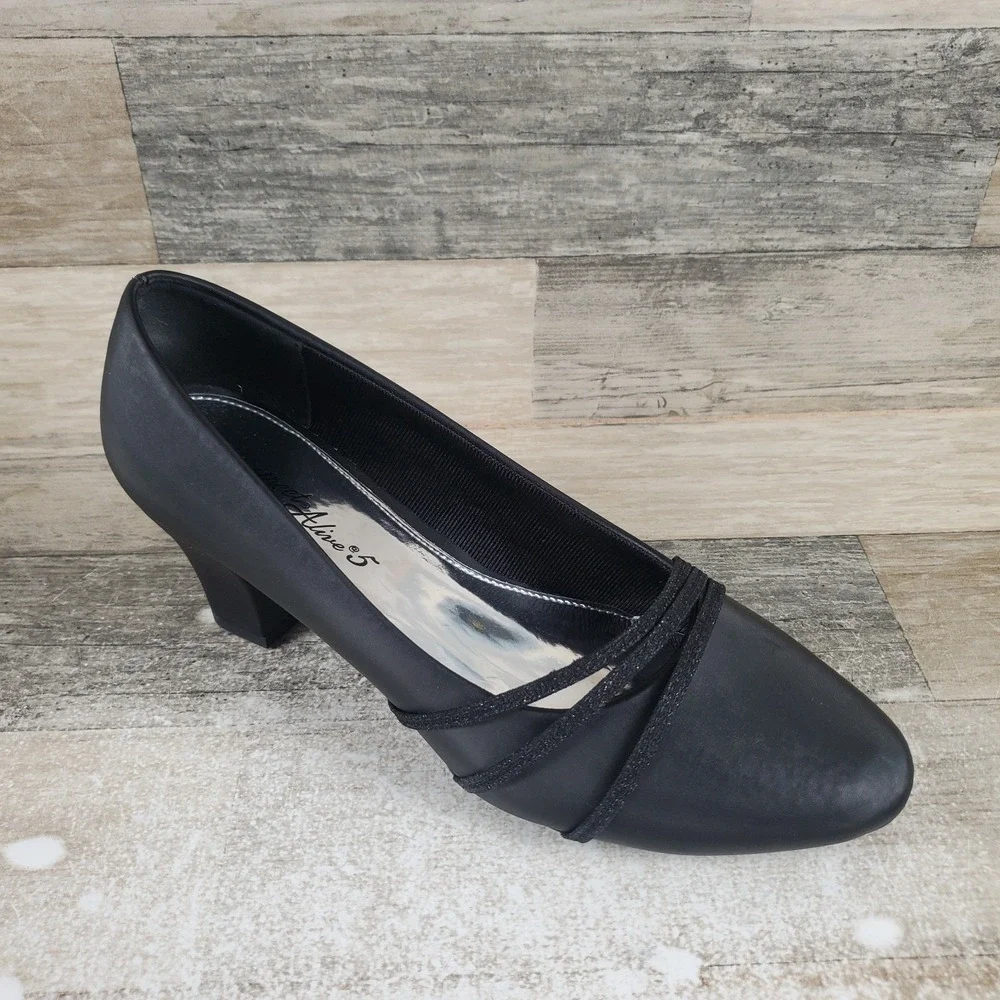 Easy Street Cristiny Womens Pump Sz 9 W Black Satin Slip On Block Heel
